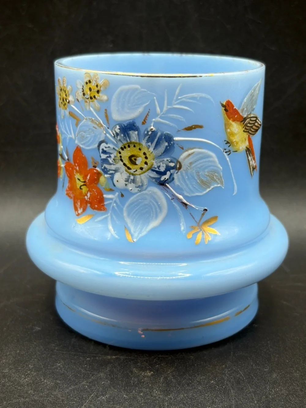 Antique Victorian Hand Painted Blue Bristol Glass Floral Bird Motif Vase Vessel